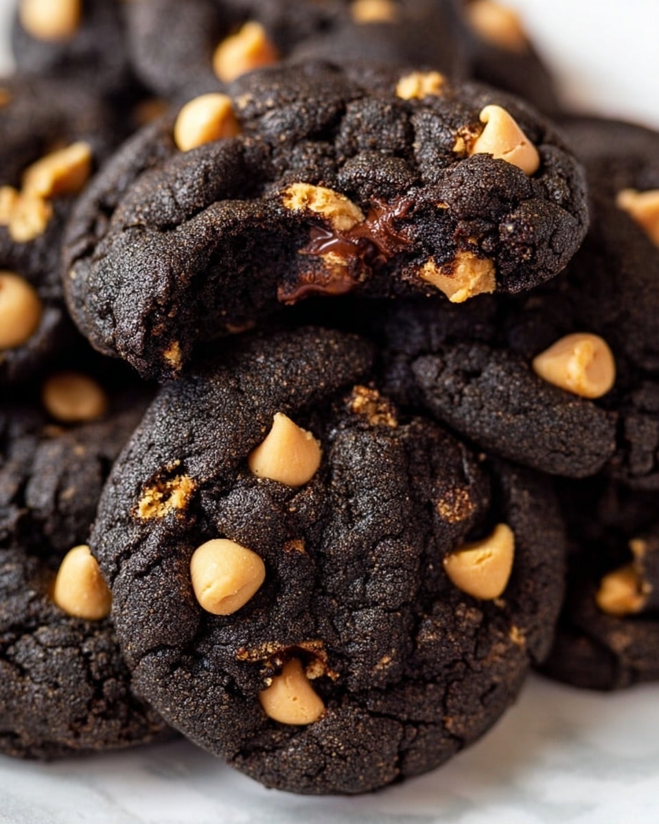 The image shows a close-up of several dark blackish-brown chocolate cookies stacked on each other. Each cookie has a rough, cracked surface texture and is studded with scattered small light beige peanut butter chips and darker chocolate chips, creating a mix of colors on the dark cookie dough. One cookie is broken in the center, showing soft melted chocolate inside. The cookies sit on a white marbled surface. photo taken with an iphone --ar 4:5 --v 7