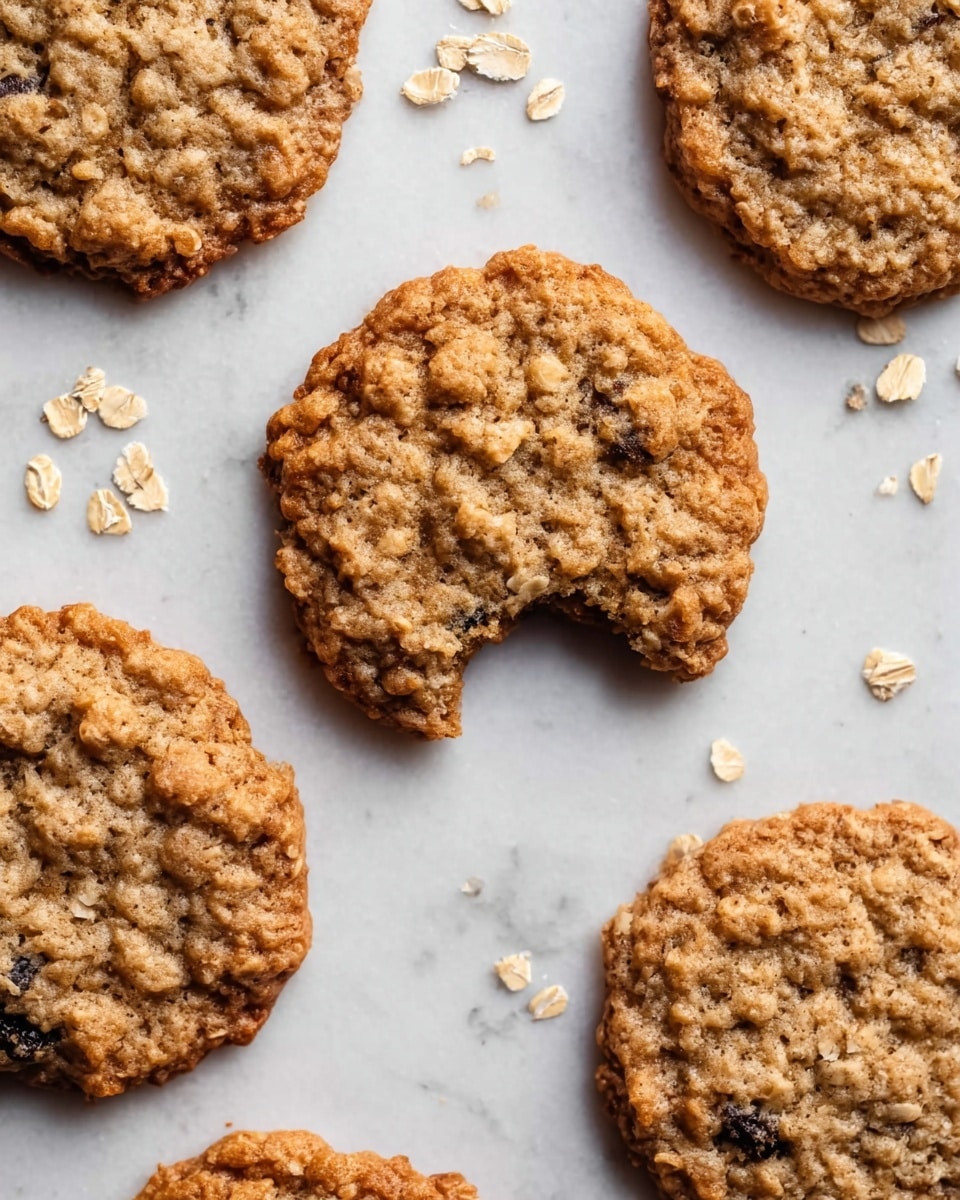 Several oatmeal cookies with a rough, grainy texture and light brown color are laid out on a white marbled surface. One cookie near the center has a bite taken out of it, revealing a crumbly interior with bits of oats and raisins. Around the cookies, scattered oat flakes add detail to the scene. The cookies vary slightly in size and shape, each showing a rustic and hearty appearance. Photo taken with an iphone --ar 4:5 --v 7