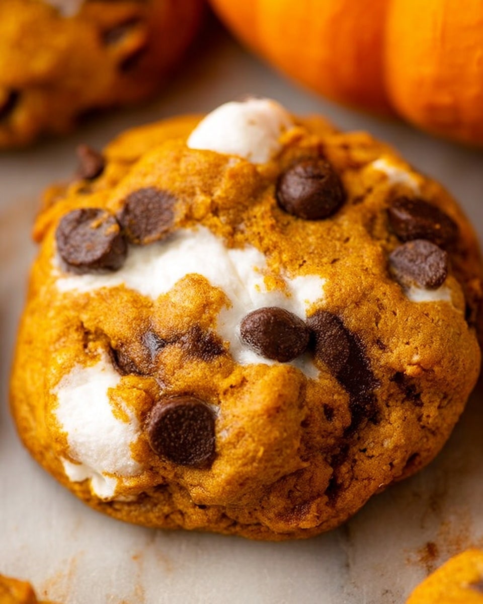 The image shows a close-up of a soft pumpkin cookie filled with melted white marshmallows and dark chocolate chips. The cookie has a warm orange color with a slightly bumpy texture. The melted marshmallows peek through the cookie surface, showing creamy white patches, while the chocolate chips are rounded and glossy dark brown spots scattered on top. The background has a white marbled texture with a warm orange blurred pumpkin shape behind the cookie. Photo taken with an iphone --ar 4:5 --v 7