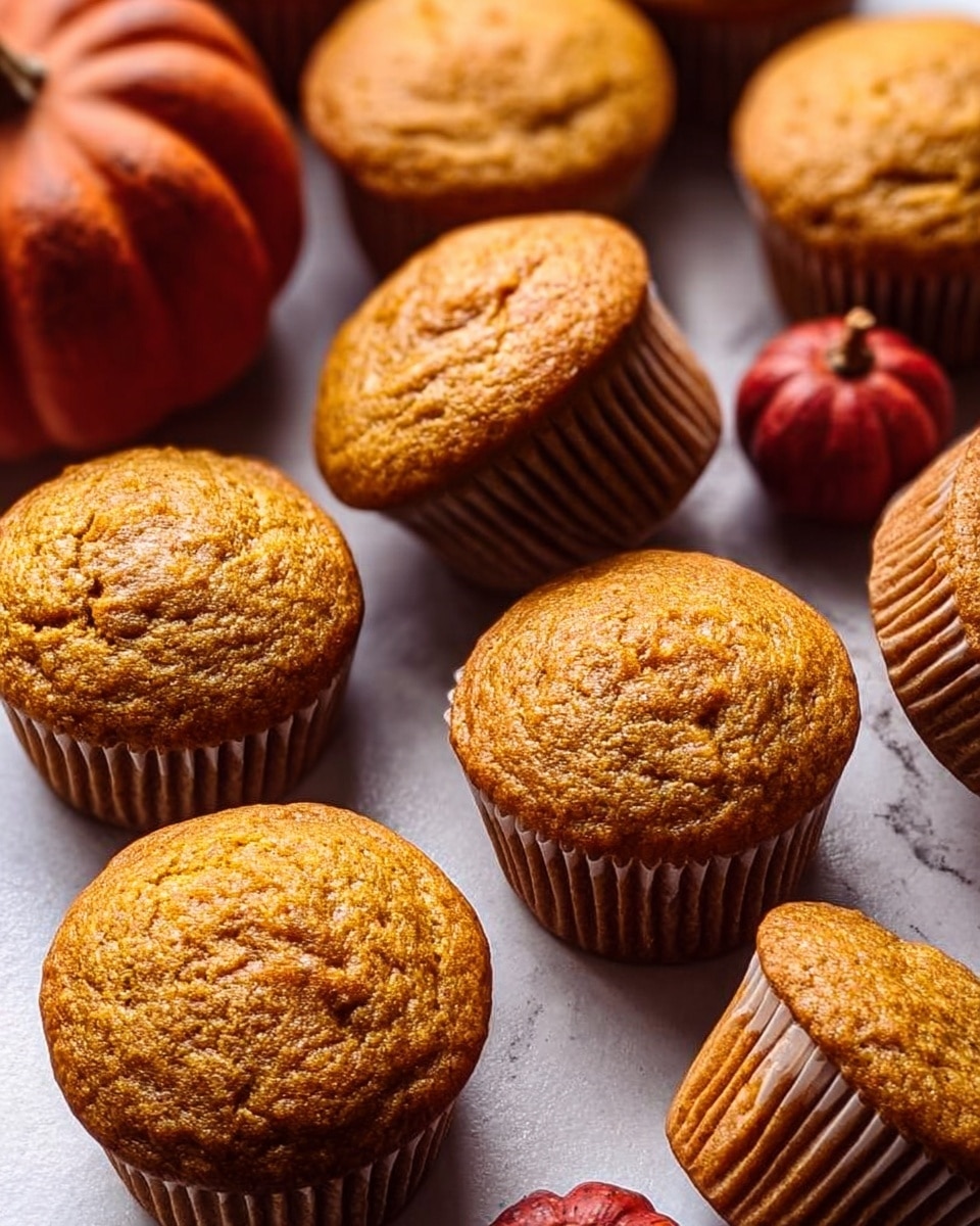 A close-up view of several golden-brown muffins with slightly cracked tops, arranged on a white marbled surface. The muffins show soft, fluffy texture with some light cracks on the top, and a few are positioned on their sides showing the ridged white paper liners around the base. Among the muffins, there are two small, deep red pumpkins adding a touch of color contrast to the warm, earthy tones. The photo has strong natural lighting that highlights the muffins' texture and warm color. Photo taken with an iphone --ar 4:5 --v 7