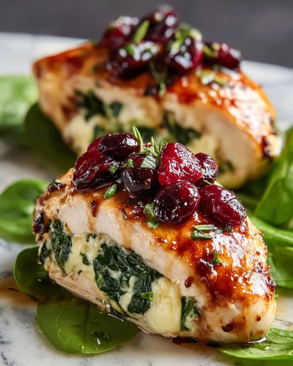 The image shows two golden brown cooked chicken pieces stuffed with melted white cheese and vibrant green spinach, with a glossy texture on the chicken surface. Each piece is topped with shiny, deep red dried cranberries and small green herb leaves. The chicken is placed in a black pan with a dark sauce around it, making the colors of the chicken and toppings stand out. The close-up angle captures the juicy, tender look of the dish with a rich, detailed texture. photo taken with an iphone --ar 4:5 --v 7