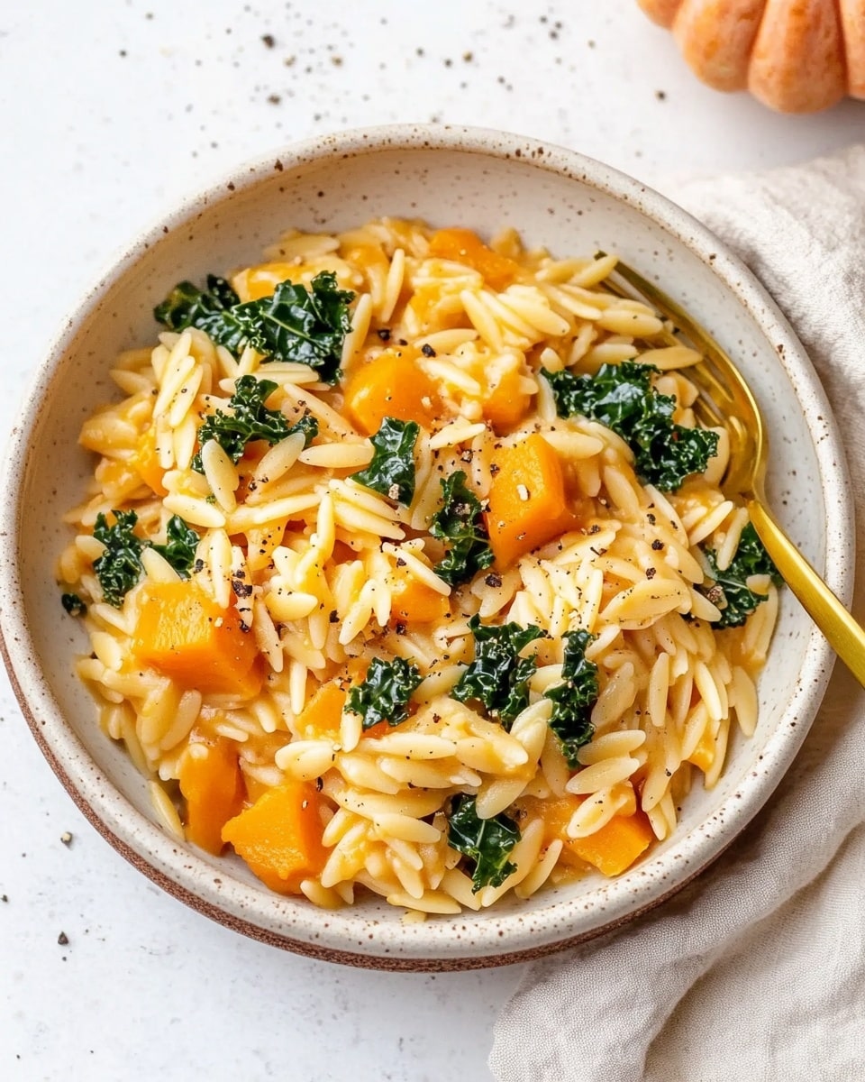 A bowl of creamy orzo pasta mixed with bright orange pumpkin pieces and vibrant green kale leaves, all coated in a glossy sauce. The pasta is soft and small, with the pumpkin chunks evenly spread through the dish, giving pops of warm orange color. The green kale adds a fresh, leafy texture on top and throughout. The bowl is white with a brown rim, sitting on a light beige cloth on a white marbled surface. A gold spoon rests inside the bowl on the right side, partially buried in the pasta. There are small black pepper flakes sprinkled over the dish, adding tiny dark specks. Photo taken with an iphone --ar 4:5 --v 6.1