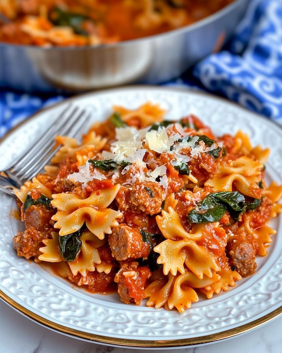 A white plate with a border holds a single layer of bow-tie pasta covered in a thick red tomato sauce. Mixed in the pasta are chunks of light brown sausage and green leafy spinach, all coated with sauce. On top, small pieces of white cheese are sprinkled evenly. A silver fork rests to the left of the pasta on the plate, which sits on a blue cloth with white patterns, all placed on a white marbled surface. In the background, a silver bowl filled with the same pasta dish is partially visible, reflecting the warm colors of the food. Photo taken with an iphone --ar 4:5 --v 6.1