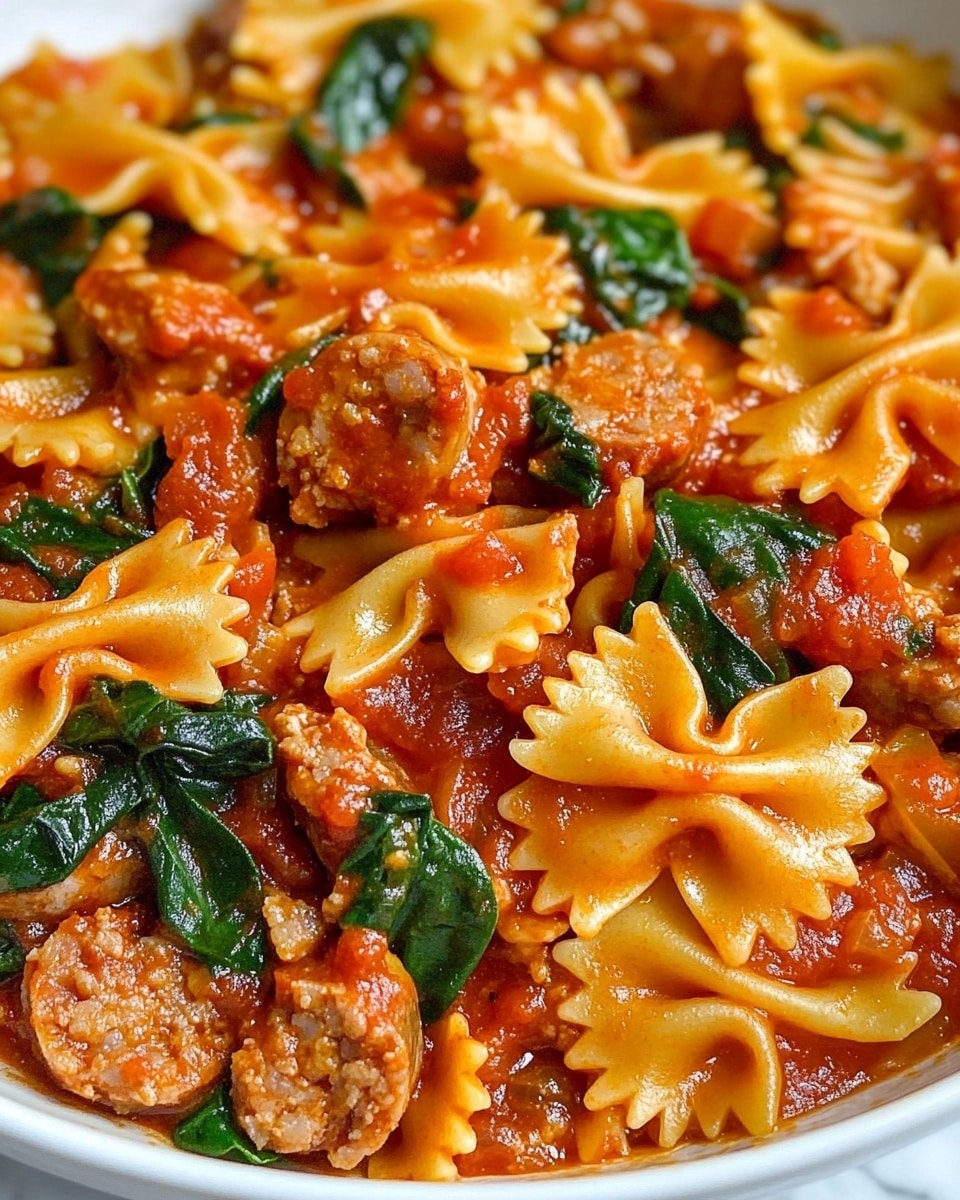 This close-up image shows a bowl filled with farfalle pasta in a rich red tomato sauce. The pasta is light yellow with a smooth, slightly ruffled texture, shaped like small bow ties. Mixed throughout the sauce are bright green spinach leaves that look fresh and slightly wilted. There are also small pieces of sausage that are brownish-red and round, blending well with the sauce and pasta. The entire dish has a glossy, saucy appearance with the sauce coating each piece of pasta evenly. The bowl is white, and the background is a white marbled surface. Photo taken with an iphone --ar 4:5 --v 6.1
