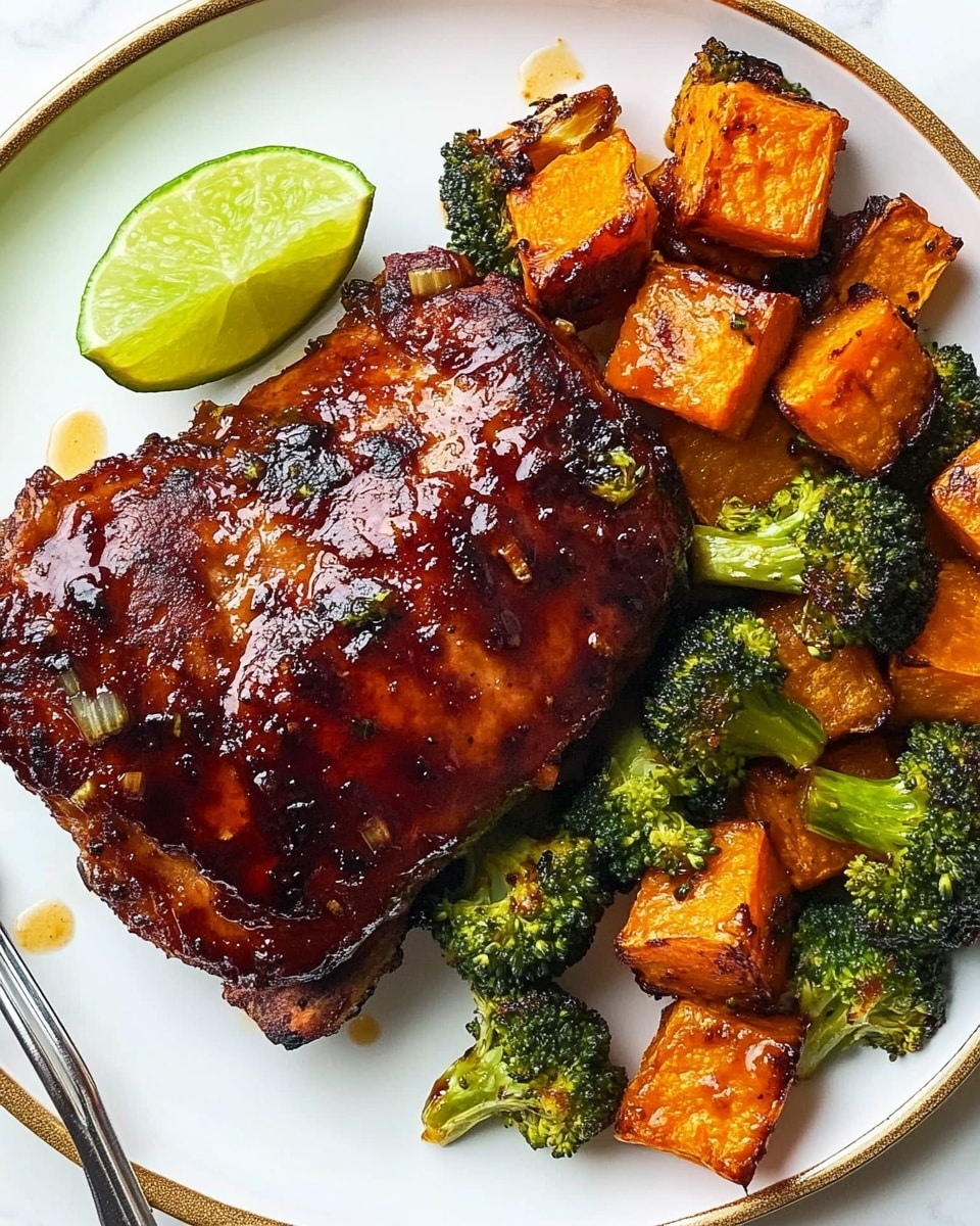 A white plate with a golden rim holds a single large piece of dark reddish-brown glazed meat with a shiny, slightly charred surface placed near the center. Surrounding the meat are multiple pieces of roasted orange sweet potatoes with a glossy, slightly crispy texture and bright green and lightly charred broccoli florets scattered on the right side. A wedge of bright green lime sits on the left edge of the plate. A metal fork rests angled on the bottom left of the plate, partially under the broccoli. The plate is on a white marbled surface. photo taken with an iphone --ar 4:5 --v 6.1