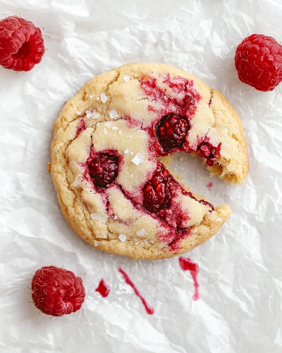A round cookie with a bite taken out of the top right side sits on crinkled white parchment paper on a white marbled surface. The cookie has a soft beige color with swirls and chunks of dark red raspberries mixed inside, giving it a marbled look. Small pieces of coarse salt are scattered on top, adding texture. Around the cookie are a couple of whole fresh raspberries, one near the top left and one near the bottom left, with a small red juice stain near the bottom raspberry. photo taken with an iphone --ar 4:5 --v 6.1