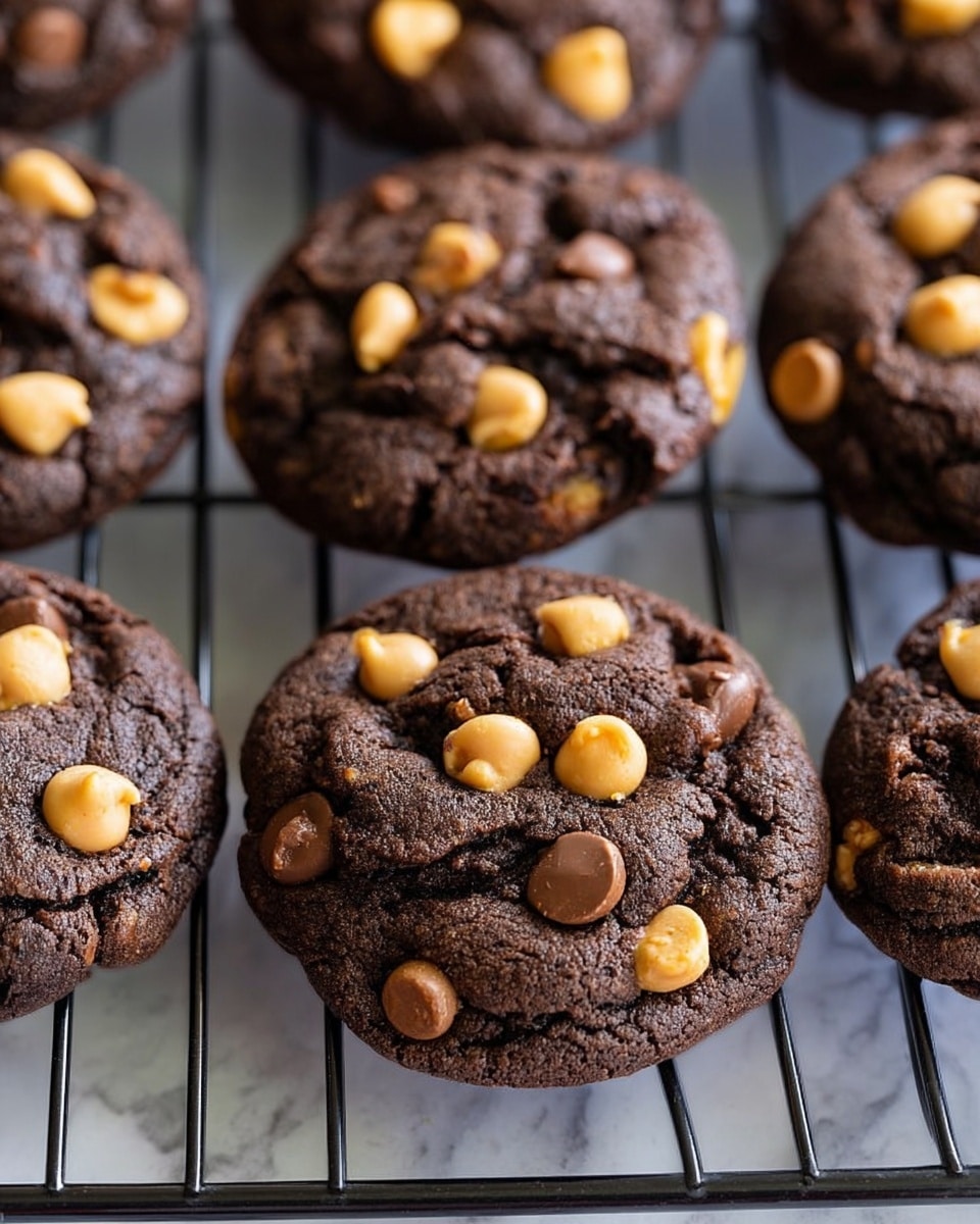 Several dark brown chocolate cookies are shown on a black wire cooling rack over a white marbled surface. Each cookie is thick and round with a soft, slightly cracked texture. They are studded with light tan butterscotch chips and medium brown chocolate chips scattered across the top layer, creating a contrast in color and texture. The cookies have a rich, dense look with the chips embedded on the surface, some slightly melted. photo taken with an iphone --ar 4:5 --v 7