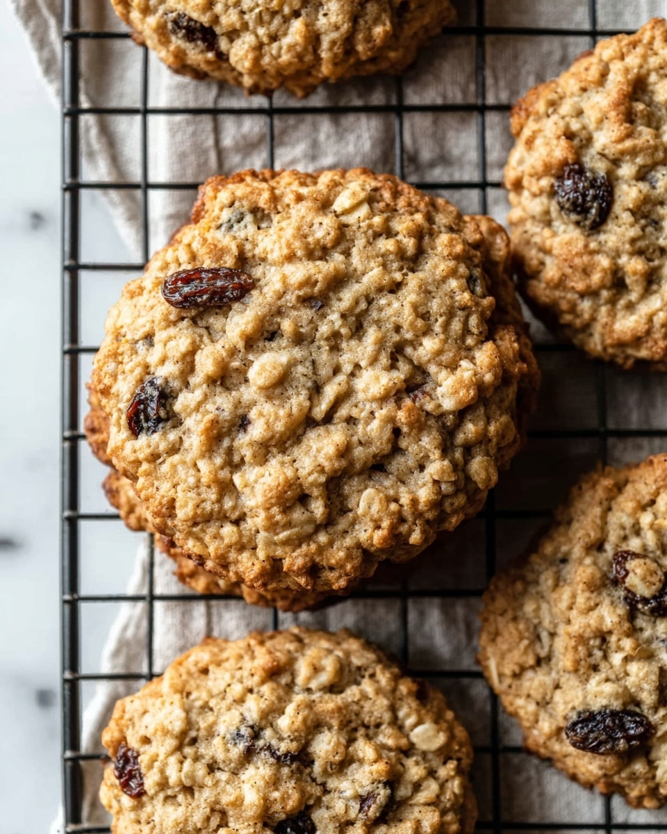 The image shows several oatmeal cookies placed closely on a black wire cooling rack, with a soft textured cloth partially visible underneath the rack through the gaps. Each cookie has a rough, crumbly texture with visible oats and darker raisins mixed throughout. The cookies are golden brown with slight shadows that give them a warm and fresh-baked look. The background surface is a white marbled texture, creating a clean and simple setting. photo taken with an iphone --ar 4:5 --v 7