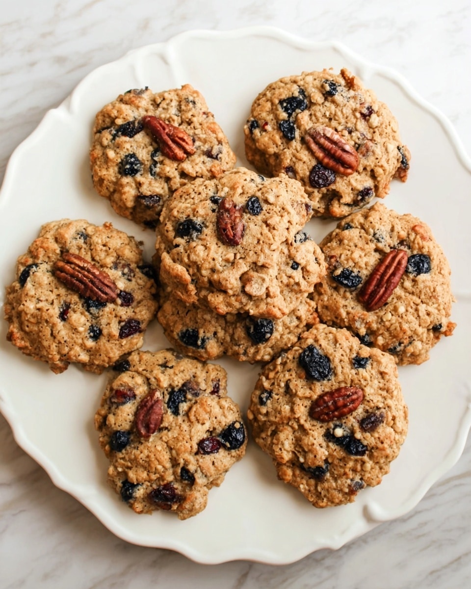 Seven round oatmeal cookies with pecans and small dark berries are placed in a loose circular arrangement on a white plate with softly scalloped edges. The cookies have a rough, bumpy texture with visible whole pecan halves and scattered dark berries embedded throughout. The cookies are golden brown with a slightly toasted look from being baked. The plate is set on a white marbled surface that adds a subtle bright contrast to the warm cookie colors. photo taken with an iphone --ar 4:5 --v 7