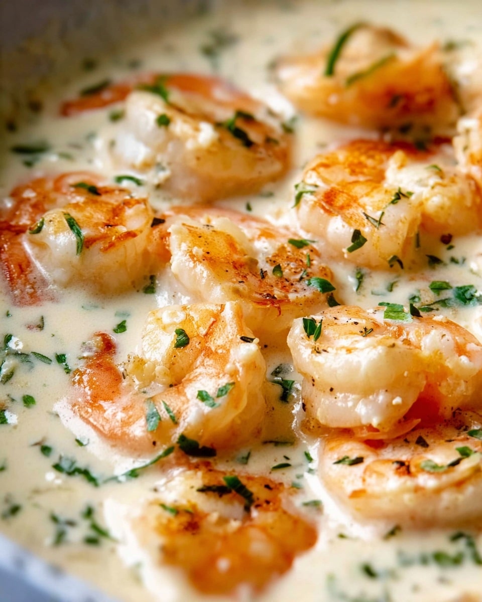 The image shows cooked shrimp in a creamy white sauce that fills most of the view. The shrimp are light orange with a slight golden sear and are partially submerged in the sauce. Small pieces of bright green herbs are sprinkled evenly across the shrimp and sauce, adding color contrast. The sauce looks smooth and rich, filling the gaps around the shrimp. The scene is set close-up with a soft focus on the foreground shrimp, and the background is a white marbled texture. photo taken with an iphone --ar 4:5 --v 7