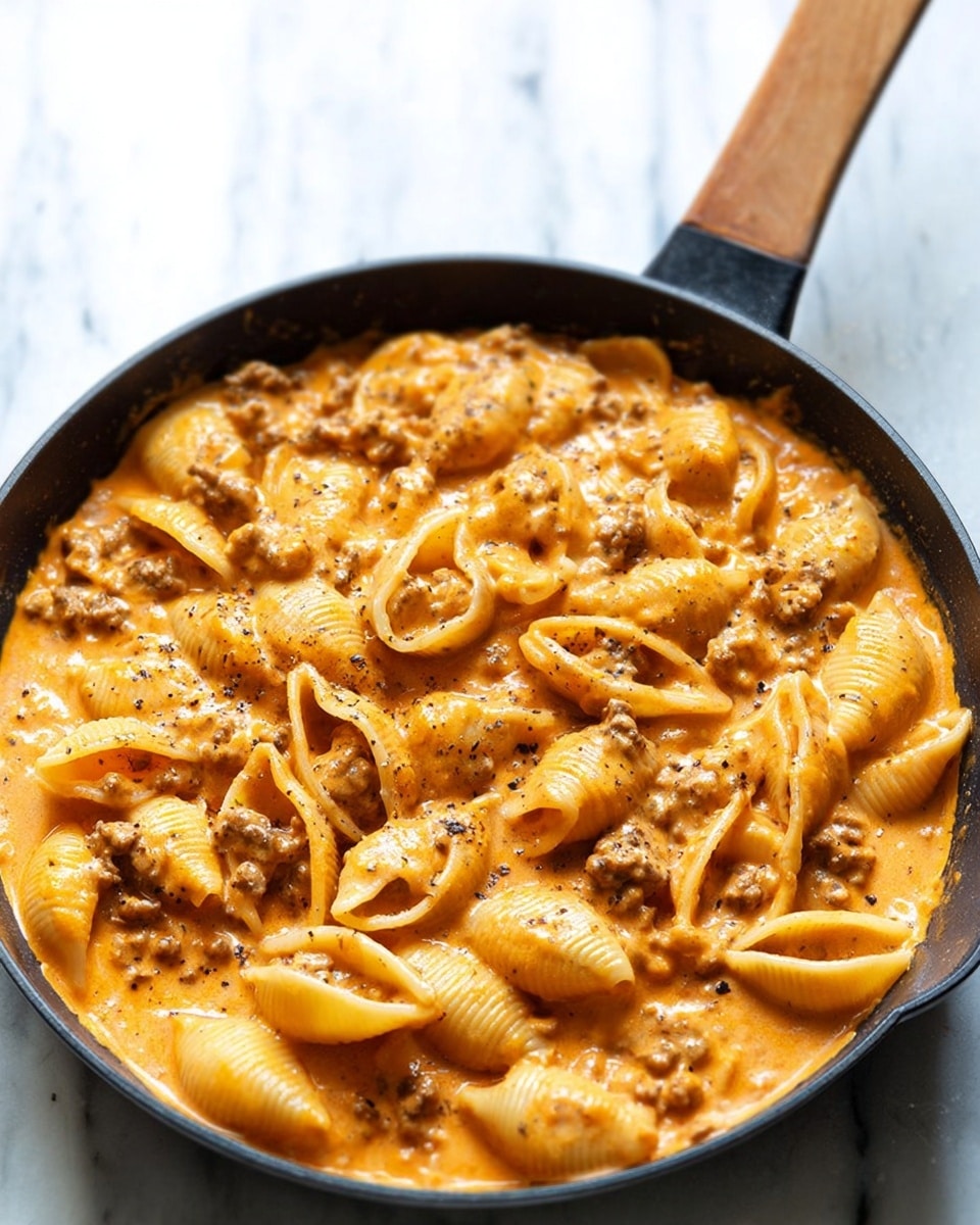 The image shows a black pan filled with pasta shells covered in a creamy orange sauce, with small chunks of browned meat mixed in. The pasta is thickly coated, with some shells turned upwards and others lying flat, all sprinkled with black pepper. The pan handle is wooden, extending outwards from the center top. The background has a white marbled texture. photo taken with an iphone --ar 4:5 --v 7