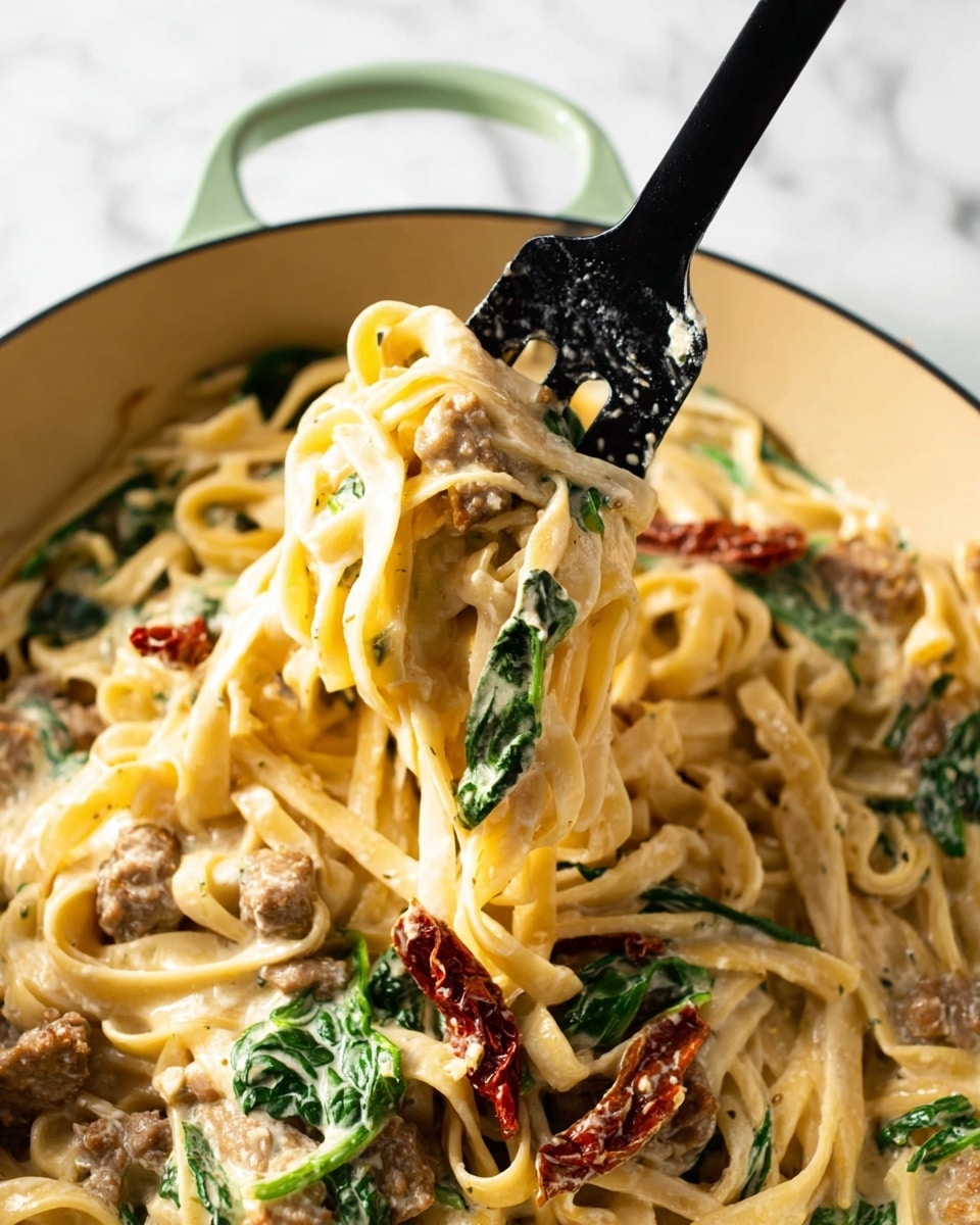 This close-up image shows a pan filled with creamy pasta made with flat, ribbon-like noodles in a light yellow color, covered in a smooth cream sauce. Mixed in are small chunks of browned meat and wilted dark green spinach leaves. There are also strips of sun-dried tomatoes that are deep red-brown in color, scattered throughout the pasta. A black spatula is lifting some noodles, with drops of creamy sauce on it. The pan has a pale green handle, and the background shows a white marbled surface photo taken with an iphone --ar 4:5 --v 7