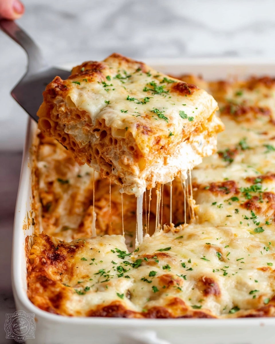 The image shows a white rectangular baking dish filled with a baked layered casserole. The bottom layer is a rich red meat sauce with visible small pieces of meat. Above this is a smooth layer of melted cheese, creamy white with light browning and bubbling spots. On top, fresh chopped green herbs are spread evenly, adding a bright contrast. The dish rests on a white marbled surface with a small white bowl slightly blurred in the background. Photo taken with an iphone --ar 4:5 --v 7