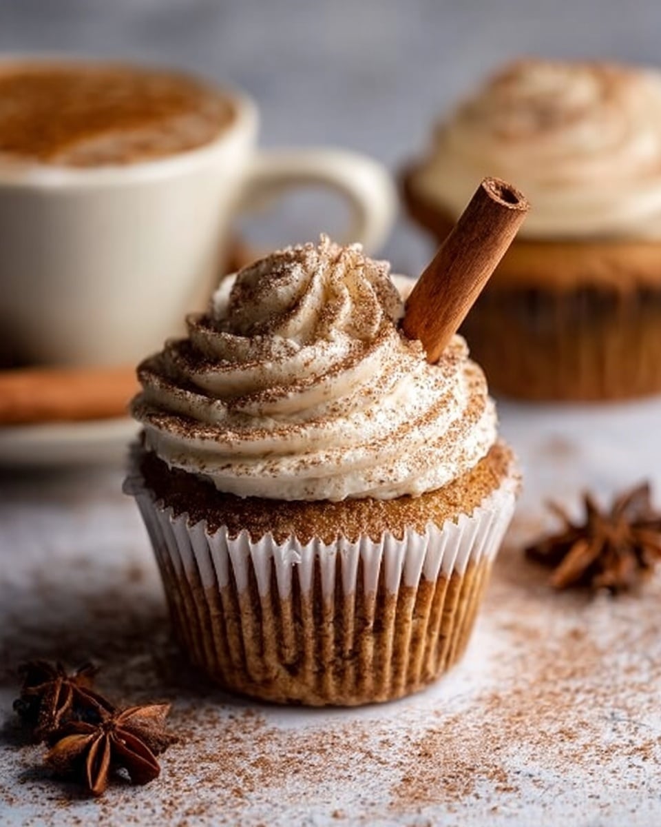 A close-up of a cupcake with two layers; the bottom layer is a moist, brown-orange cake with a textured crumb, and the top layer is a thick, creamy white frosting sprinkled with light brown powder, forming a swirl. A tall cinnamon stick is placed vertically in the center of the frosting, adding height and texture. The cupcake sits on a white marbled surface dusted with powdered sugar, and a single star anise is placed nearby. In the blurred background, there is another cupcake and a brown cup of coffee with foam and star anise on top. photo taken with an iphone --ar 4:5 --v 7