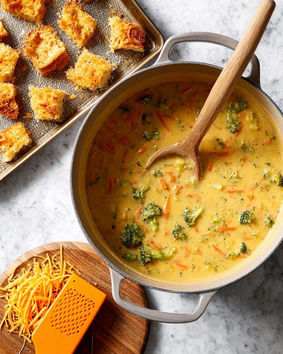 A pot filled with thick yellow soup containing green broccoli pieces and thin orange carrot strips, with a wooden spoon resting inside the pot. Above the pot, a baking tray holds torn golden brown bread pieces with a crunchy texture. Below the pot, an orange cheese grater and shredded bright orange cheese sit on a round wooden board. The entire scene is set on a white marbled surface. photo taken with an iphone --ar 4:5 --v 7
