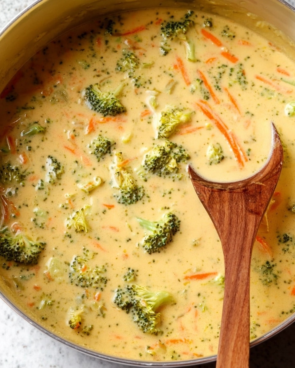 A pot filled with creamy soup that has a smooth light yellow base with small pieces of green broccoli florets and thin strips of orange carrots mixed throughout. A wooden spoon is partially dipped into the soup on the right side. The bright green broccoli bits contrast with the rich, pale yellow color of the soup, and the orange carrot strips add more color. The white marbled texture is seen softly in the background. Photo taken with an iphone --ar 4:5 --v 7