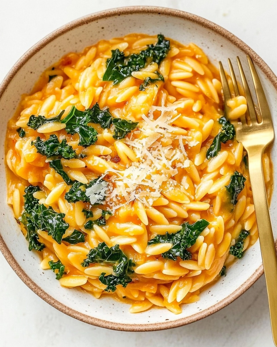 A white bowl filled with a creamy orange-colored pasta dish made with orzo. The dish has bright green leafy kale mixed throughout, giving a pop of color. The orzo is coated in a smooth sauce with some melted grated cheese sprinkled on top, adding a mild white texture. A gold fork is placed on the right side inside the bowl. The background has a white marbled texture. Photo taken with an iphone --ar 4:5 --v 6.1