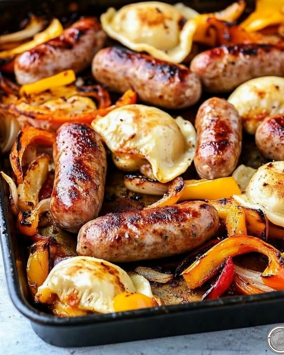 A close-up of a black baking tray filled with cooked sausages, each sausage having a shiny, browned surface. Among the sausages are golden brown pierogi with slightly crisped edges, and dollops of creamy white filling lightly dusted with paprika on top. There are strips of yellow and red bell peppers along with white onion slices scattered around the sausages and pierogi, adding splashes of bright colors. The tray is resting on a white marbled surface. The photo taken with an iphone --ar 4:5 --v 6.1