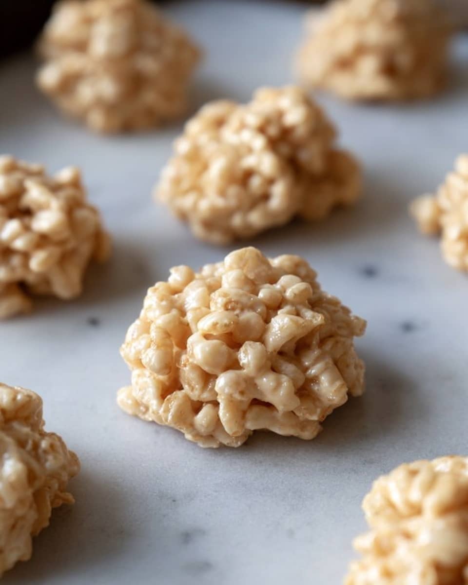 The image shows several small, round clusters of light tan-colored crispy rice treats arranged on a white marbled surface. Each cluster has a rough, bumpy texture created by the individual rice pieces coated in a glossy, creamy mixture. The clusters are uneven in shape but roughly similar in size, scattered across the surface with some in focus in the front and others blurred in the background, creating depth. photo taken with an iphone --ar 4:5 --v 7