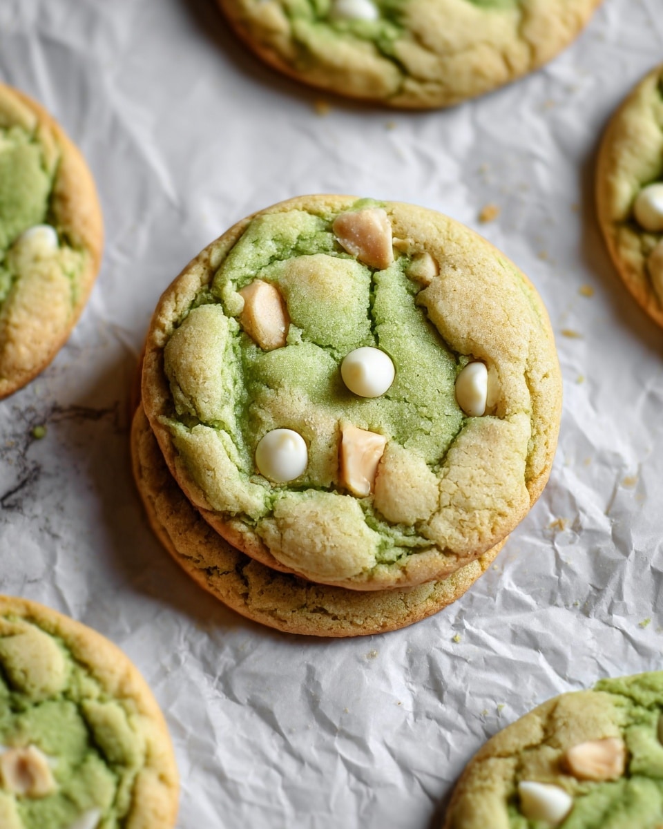 The image shows three round cookies with a light green color, each with small white chocolate chips and beige nut pieces on top. The cookies have a cracked surface with a soft texture and golden edges. They are placed on white parchment paper that is on a white marbled surface. The photo is closely focused on the cookies, showing their details clearly. photo taken with an iphone --ar 4:5 --v 7