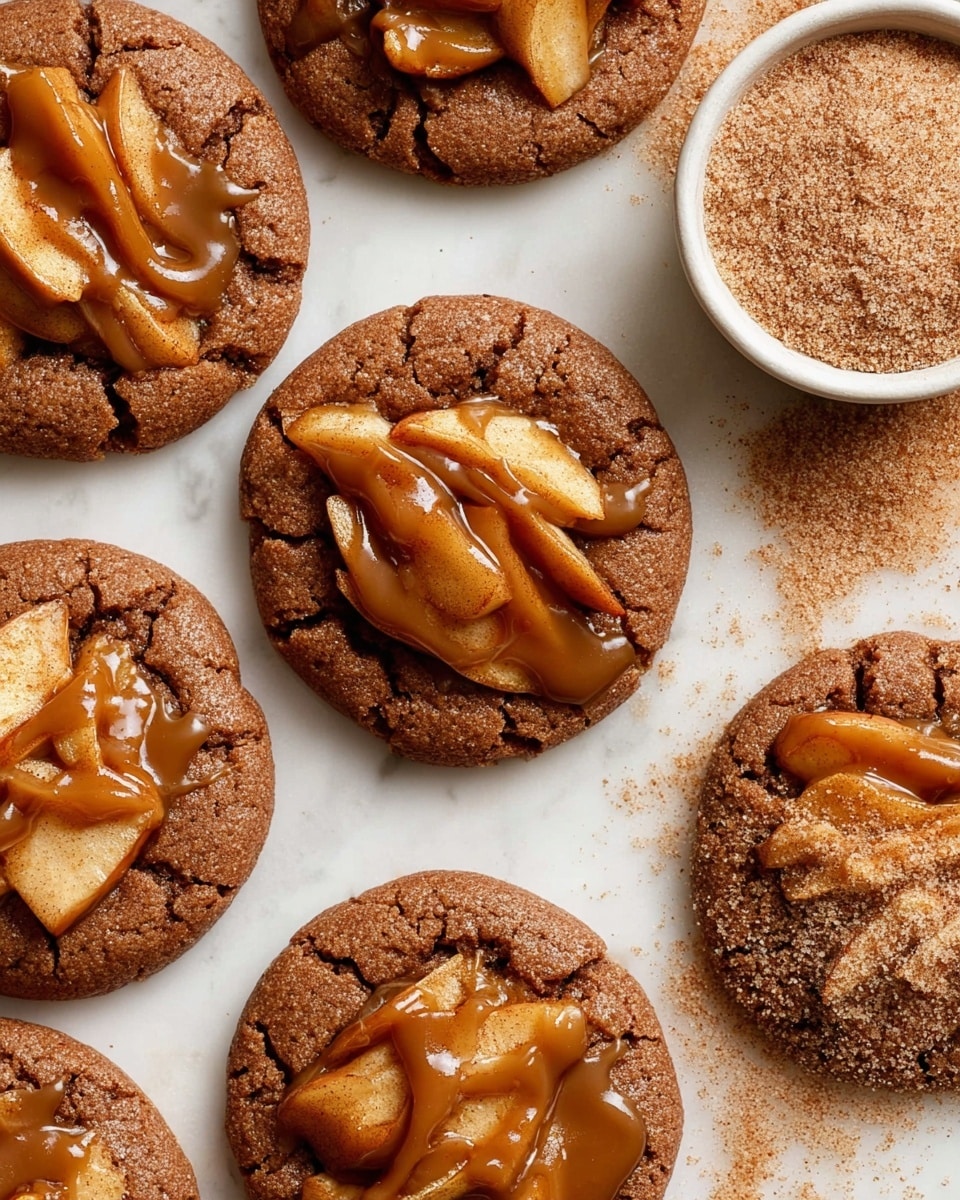 The image shows several round cookies with a cracked surface, each topped with a layer of soft, cooked apple slices that look tender and slightly shiny. Over the apples, there is a rich caramel sauce drizzled unevenly, adding a glossy, smooth texture with a warm amber color. The cookies are arranged on a white marbled surface, and to the side, there is a white bowl filled with a light brown cinnamon sugar mix, giving a soft powdery texture. The overall colors are warm browns and caramel tones with a slight contrast from the bright white background. photo taken with an iphone --ar 4:5 --v 7