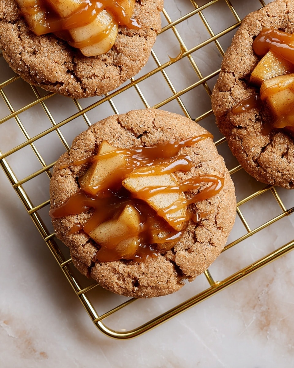 The image shows three round cookies with a crumbly, light brown texture, placed on a gold cooling rack over a white marbled surface. Each cookie is topped with a few pieces of cooked apple slices, golden brown and soft-looking, arranged in a small cluster at the center. A glossy, amber-colored caramel sauce is drizzled over the apple pieces and cookie surface in uneven lines, adding a shiny contrast. The cookies have small cracks that show a slightly crispy exterior. Photo taken with an iphone --ar 4:5 --v 7