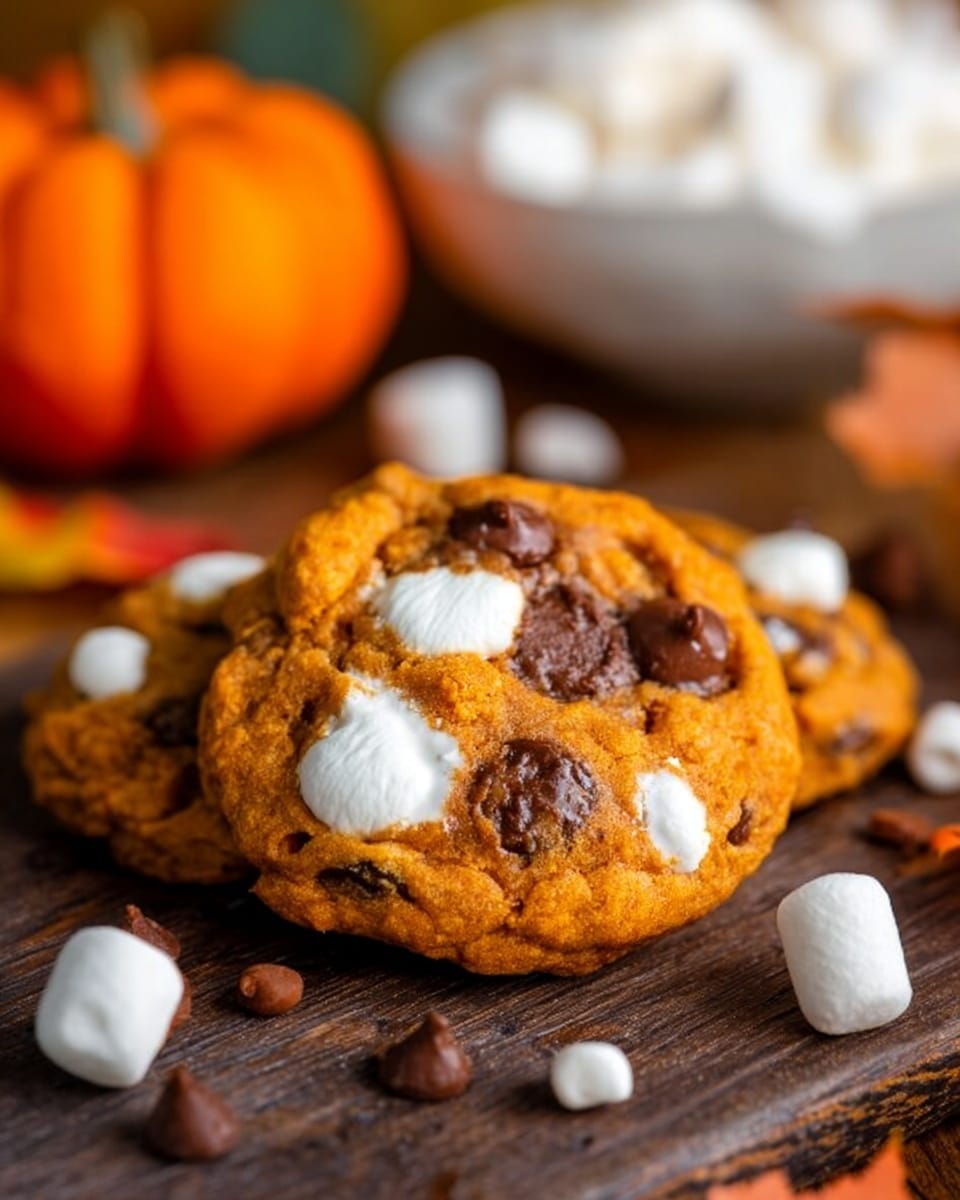 The image shows a close-up of an orange cookie with visible chocolate chips and melted white marshmallow bits on top, giving a three-layer look with a rough soft texture. The cookie is resting on a dark wooden surface, with a few scattered white mini marshmallows and chocolate chips around it. In the blurred background, a small orange pumpkin and a white bowl with more marshmallows appear on a white marbled surface, giving an autumn feel. Photo taken with an iphone --ar 4:5 --v 7