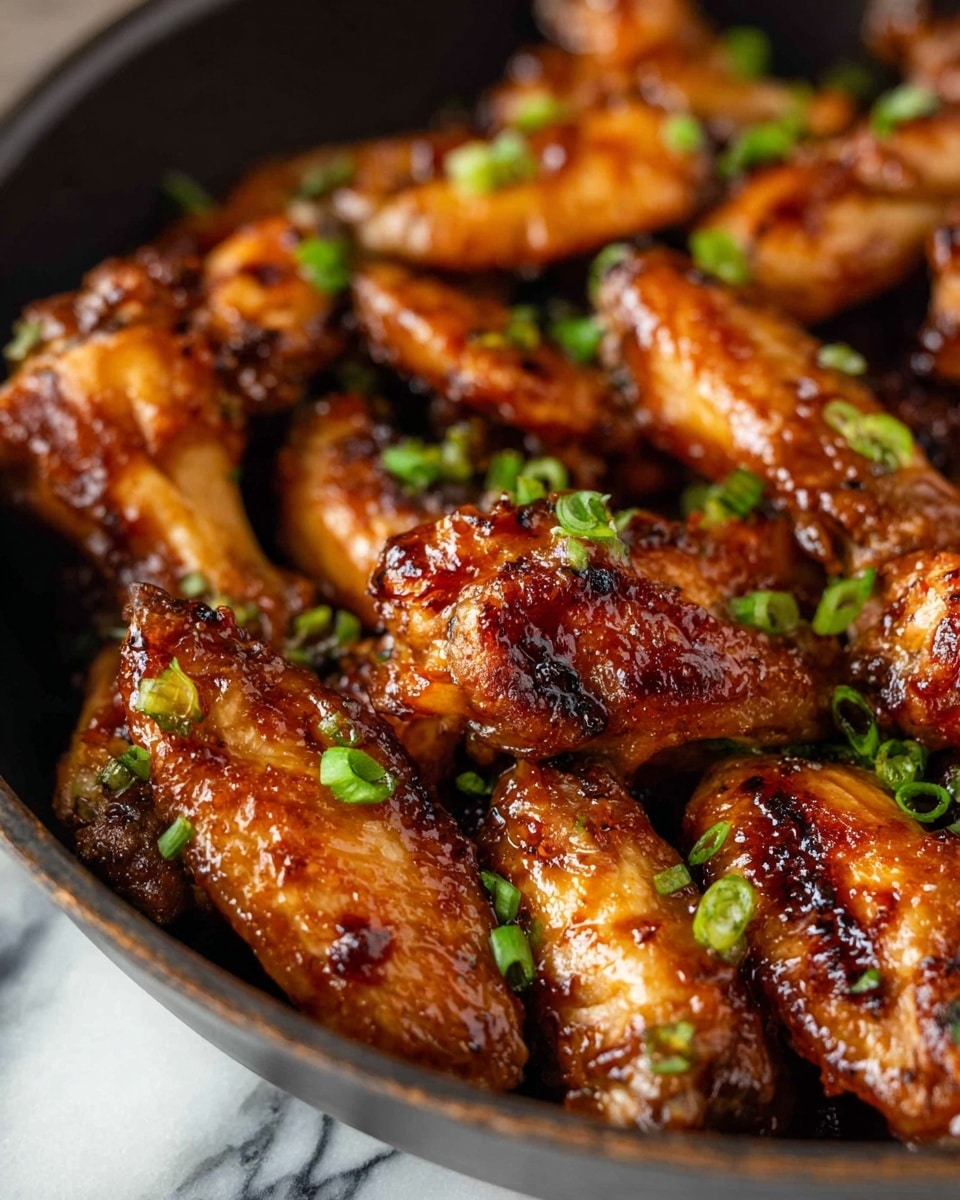 The image shows a close-up of many golden-brown chicken wings in a dark pan. The wings look crispy and shiny from a sticky sauce that covers them all. Small green pieces of chopped green onion are scattered on top, adding fresh color. The texture of the wings shows some charred spots and a well-cooked surface that looks tasty and juicy. The pan is placed on a background with a white marbled texture. photo taken with an iphone --ar 4:5 --v 7