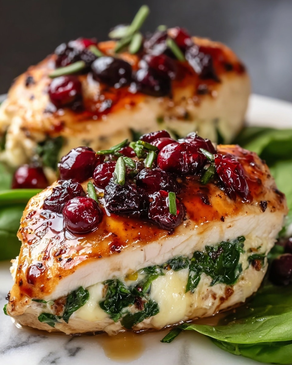 The dish shows two pieces of cooked chicken with a golden brown top layer, each stuffed with three layers: bright green spinach in the middle, creamy white cheese beneath it, and the tender chicken forming the outer layer. On top, shiny, deep red cranberries are scattered with small bits of green herbs, all resting on a white marbled surface with fresh spinach leaves around. The chicken has a slightly crisp and juicy texture with delicious-looking glaze on top photo taken with an iphone --ar 4:5 --v 7